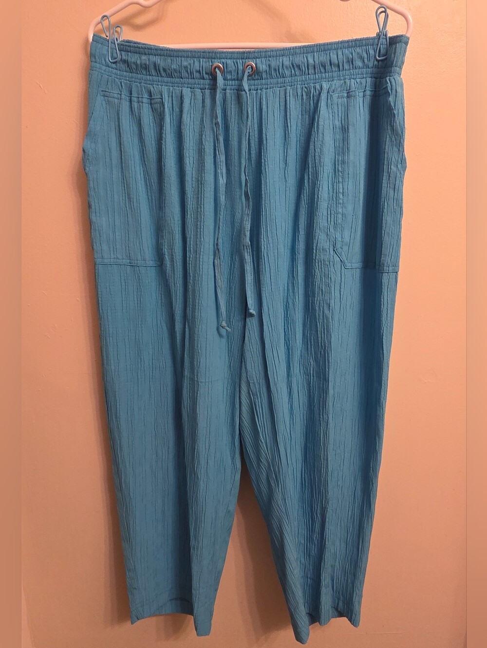 SOHO Light Blue Lagenlook Gauze Crop Pants L Smocked Waist Beach Coverup Boho